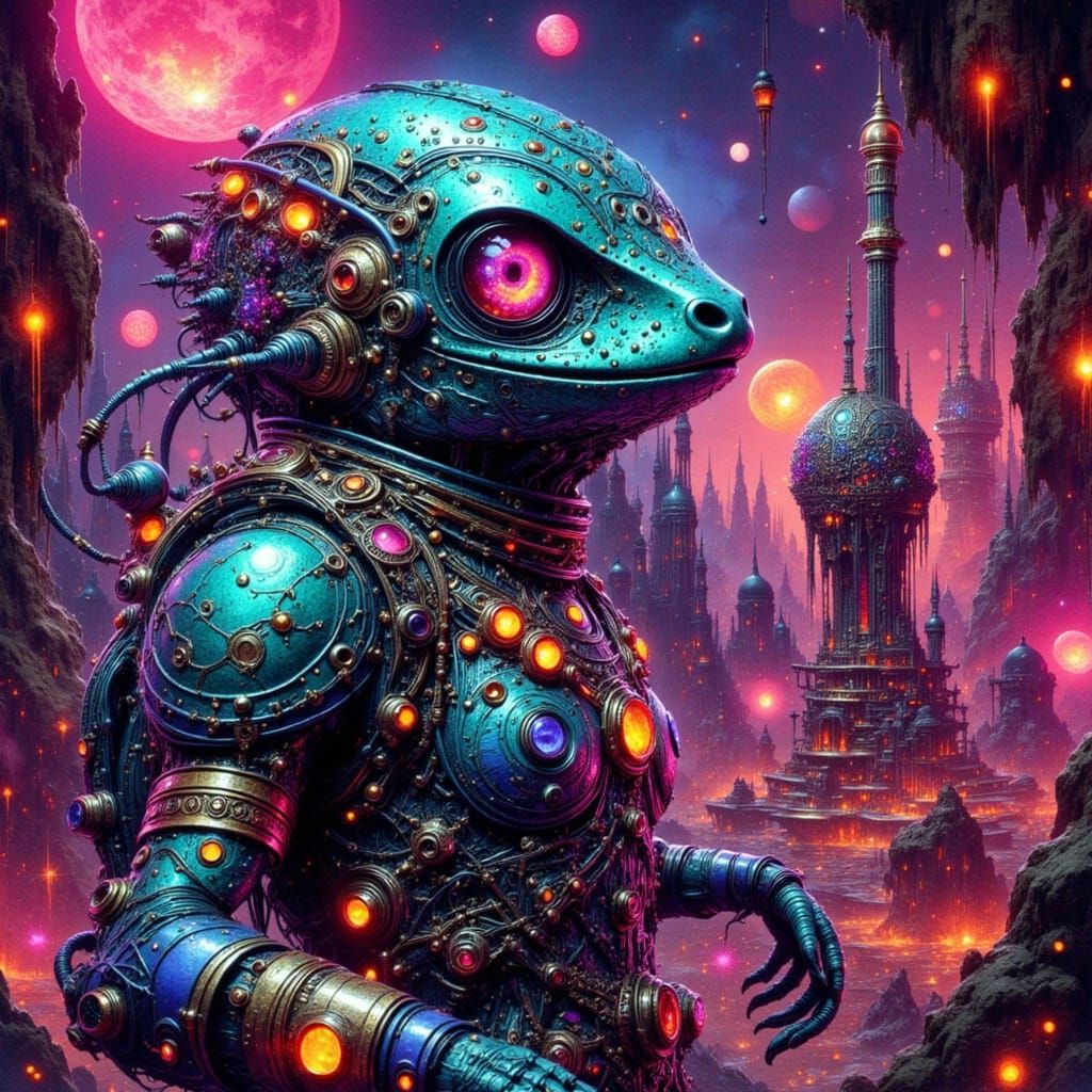 Cybernetic Lizard People in Rococo Cityscape