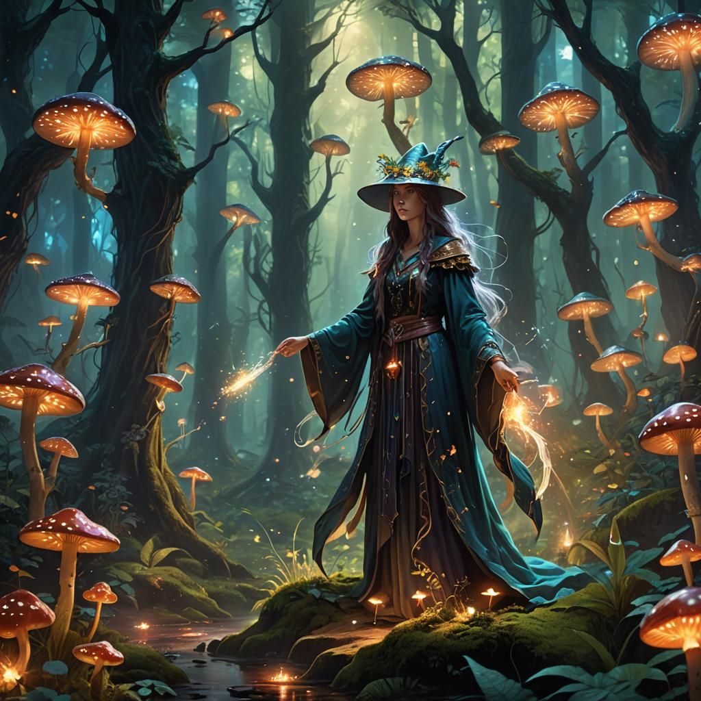 Mystical Sorceress in Lush Fairytale Forest