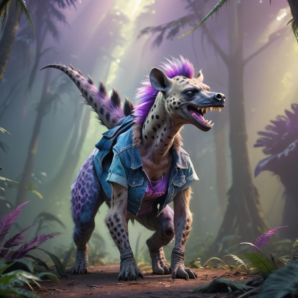 Sultry Furry She-Hyena with Dinosaur Tail in Primordial Rain...