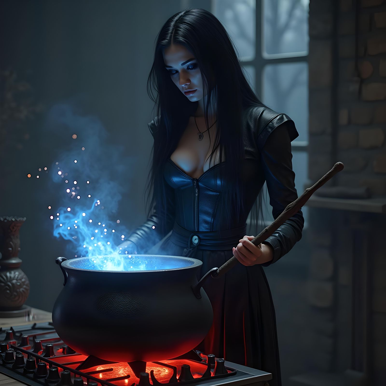 Gorgeous Witch Casting Spell on Modern Stove