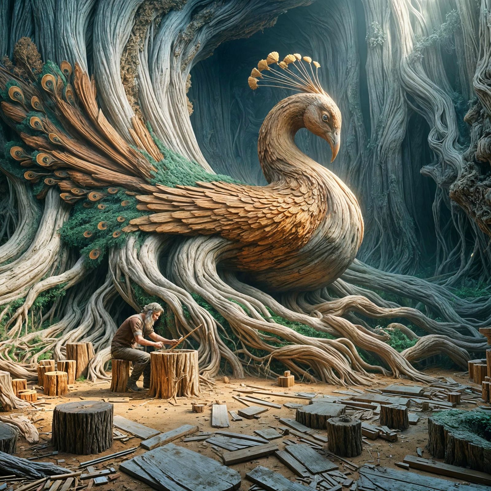 Peacock Sculpture Emerges from Tree Stump, Detailed Matte Pa...