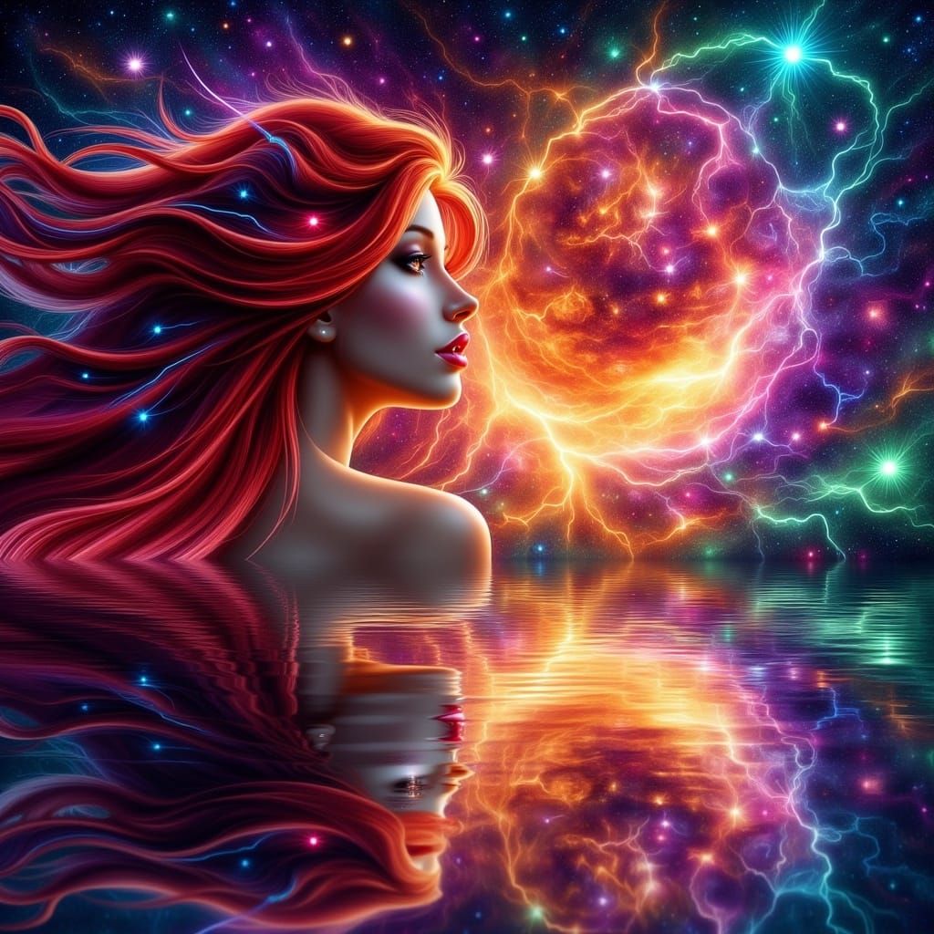 Woman Gazing into Cosmic Nebula Lake