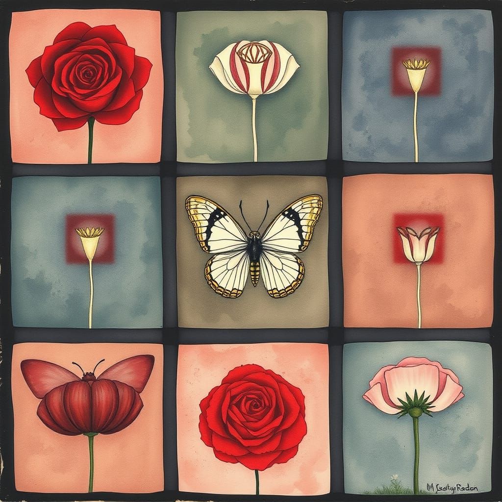 Interconnected Blooming Flowers in a Vibrant Grid