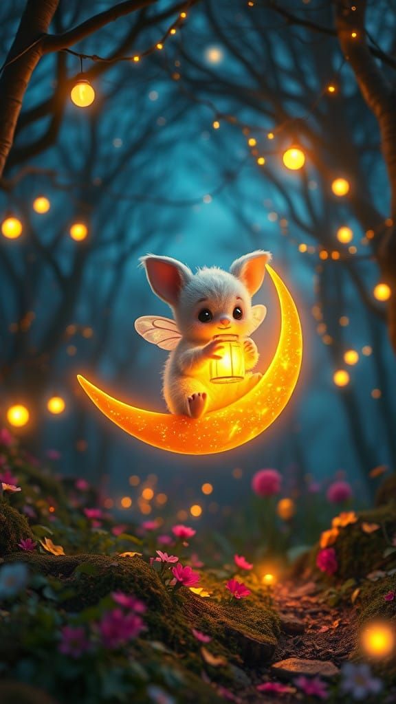 Whimsical Fairy Sits on Crescent Moon in Dreamy Twilight For...