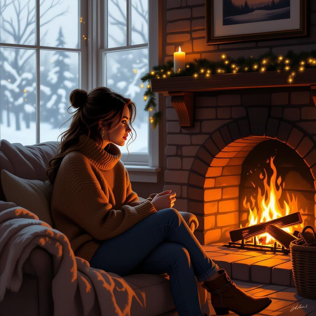 Cozy Fireplace Scene in Digital Painting Style
