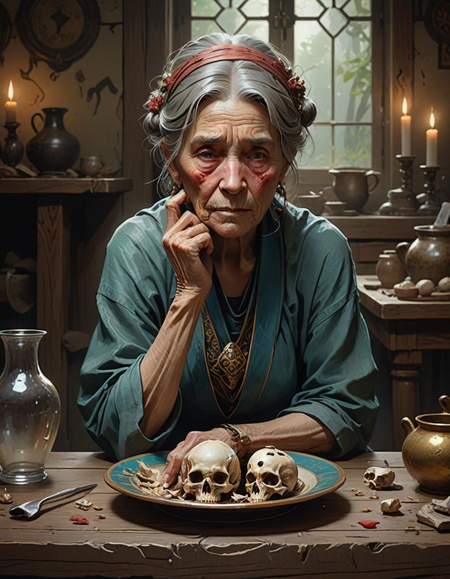 Mysterious Elder Woman Sits Among Gnawed Bones in Rich, Fant...