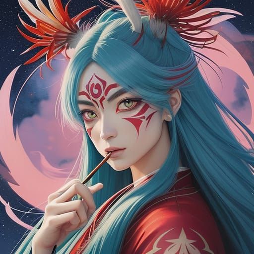 Anime Woman with Dragon Pet in Dreamy Starry Sky