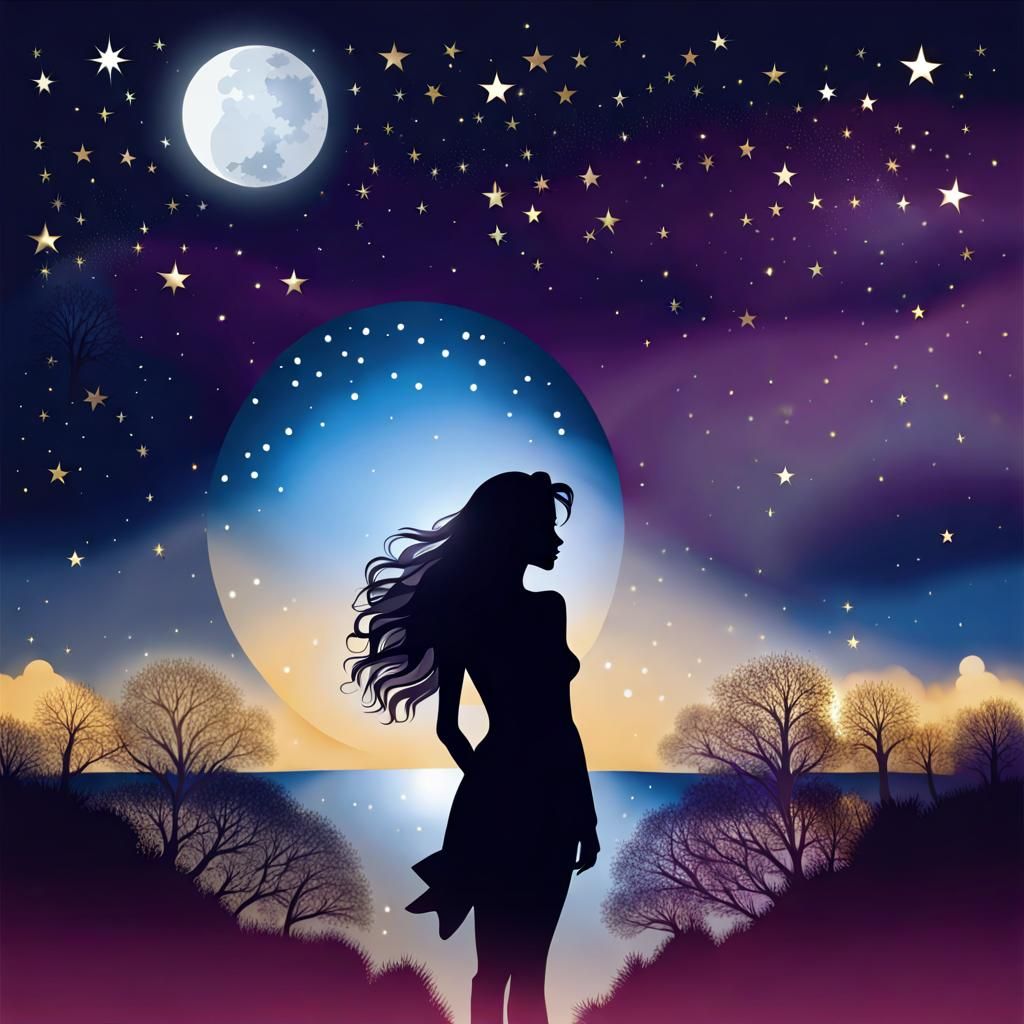A silhouette of a woman with flowy hair is standing in front of a full moon.