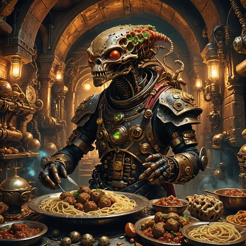 Steam-Punk Alien in Ancient Roman Catacombs Feast