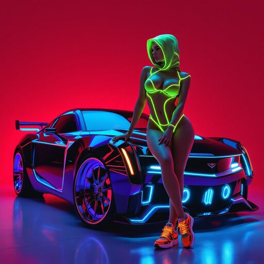 Cyberpunk Asian Woman and Chrome Cadillac Concept