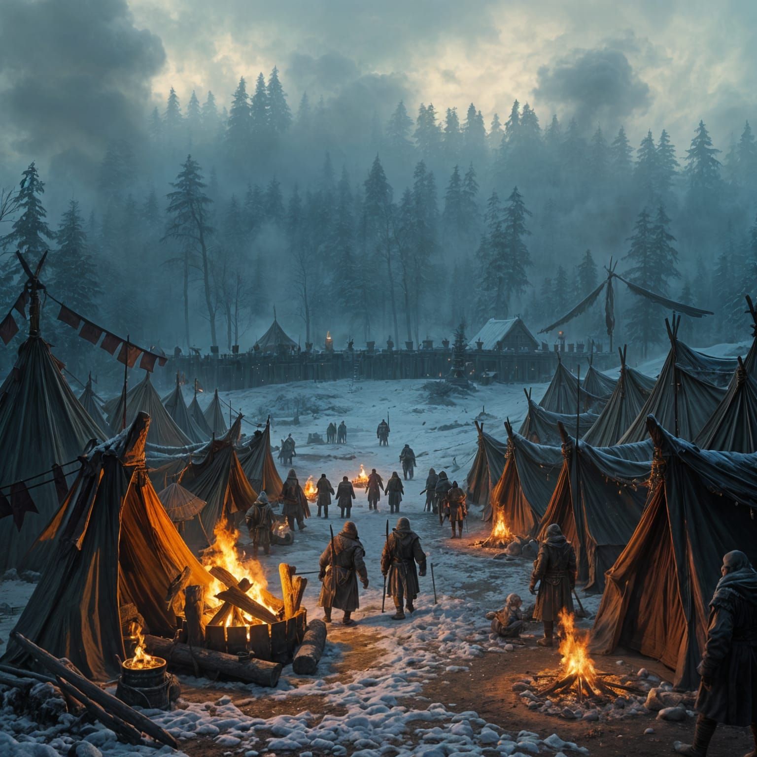 Epic Fantasy Winter Encampment in Cinematic Style