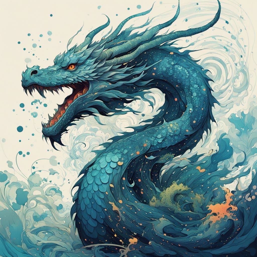 Fantastical Dragon with Vibrant Ink Splashes