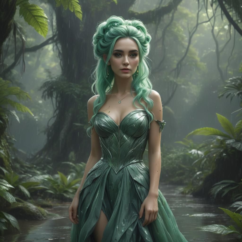 Green-Haired Woman in Rainforest: Fantasy Concept Art