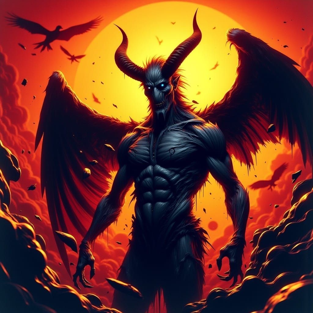 Demonic Angel of Apocalypse in Vibrant Sunset Hues