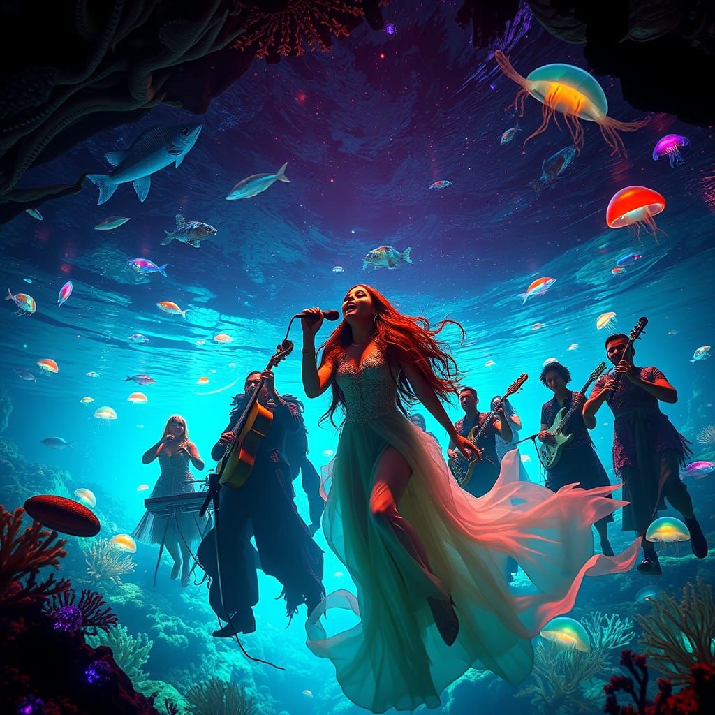 Surreal Underwater Concert in a Bioluminescent Cavern