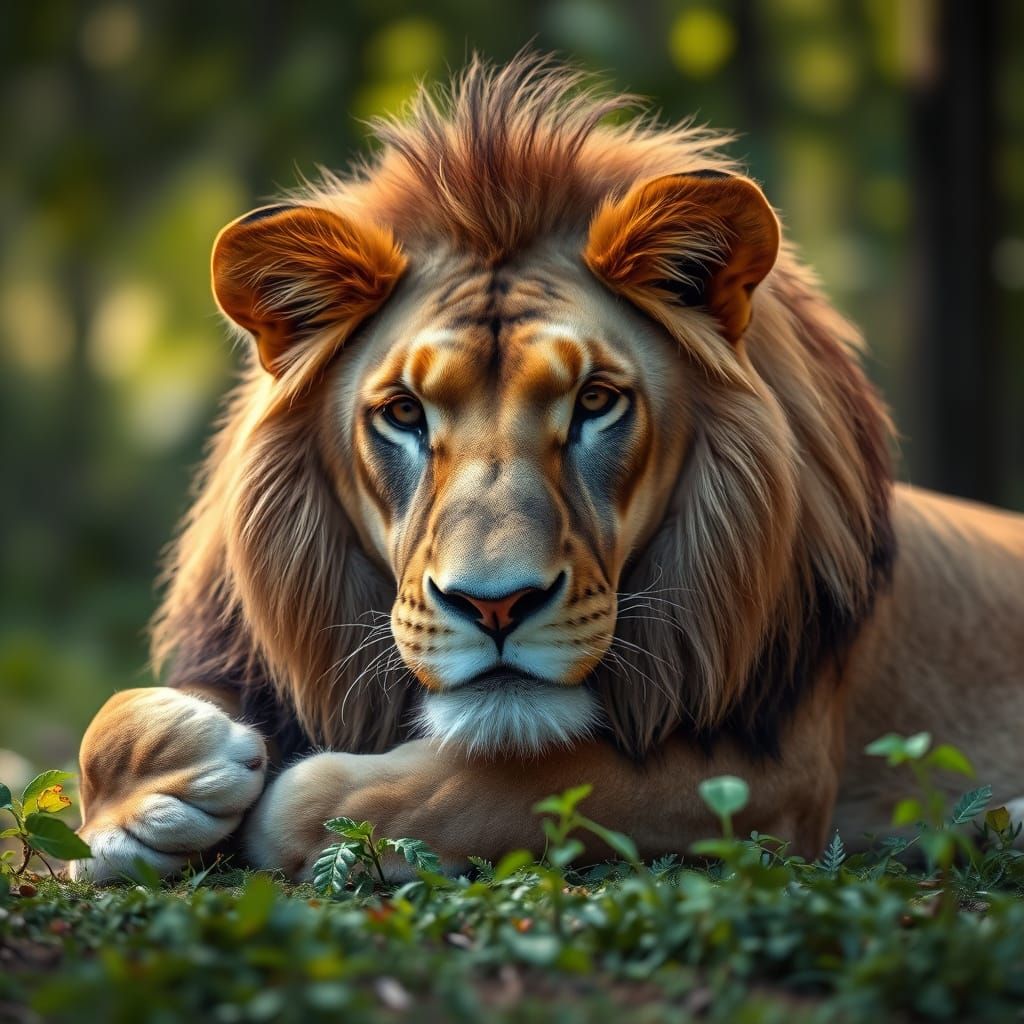 Lion Resting in Forest: Ultra-Realistic Digital Art