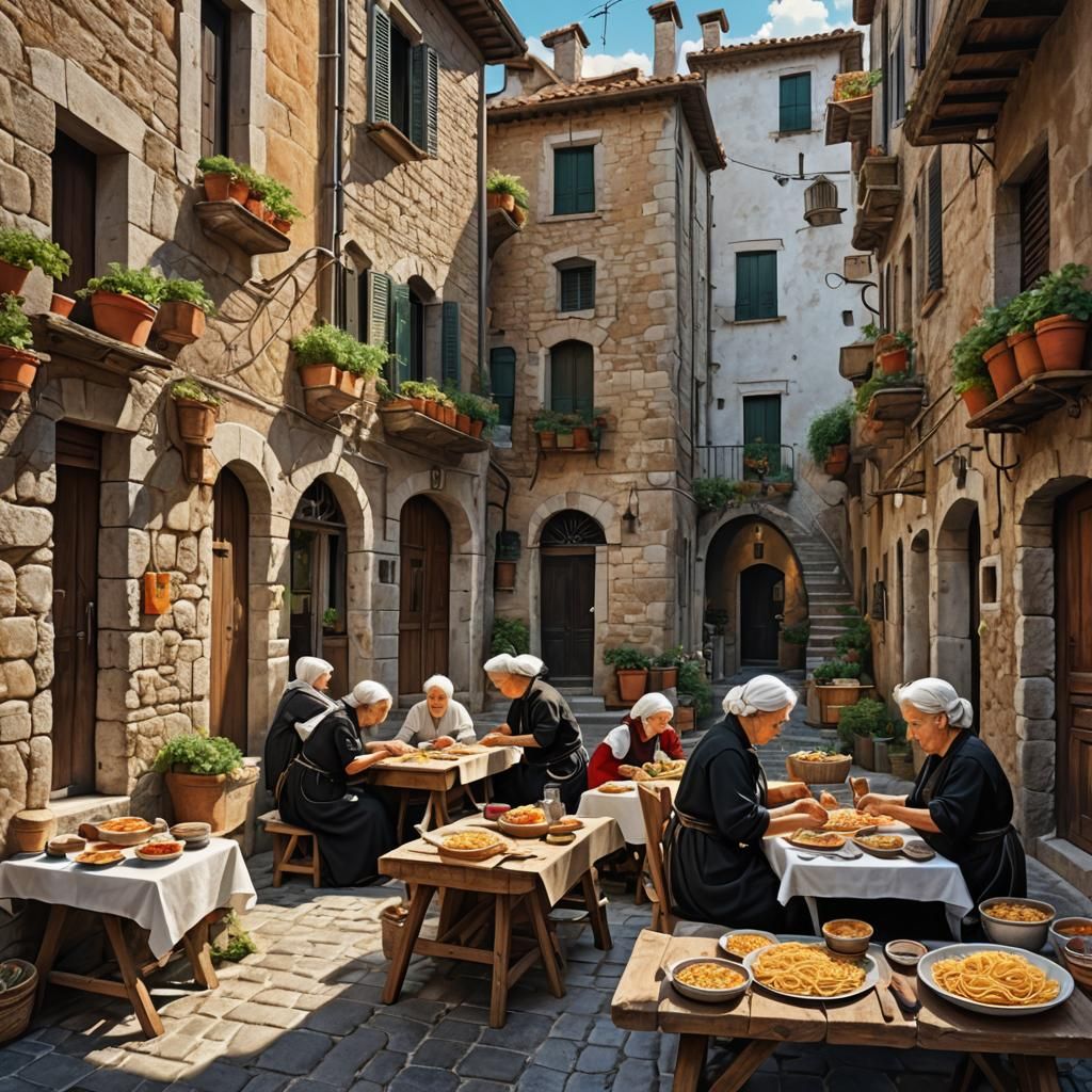 Italian Women Making Pasta: Vivid Matte Painting