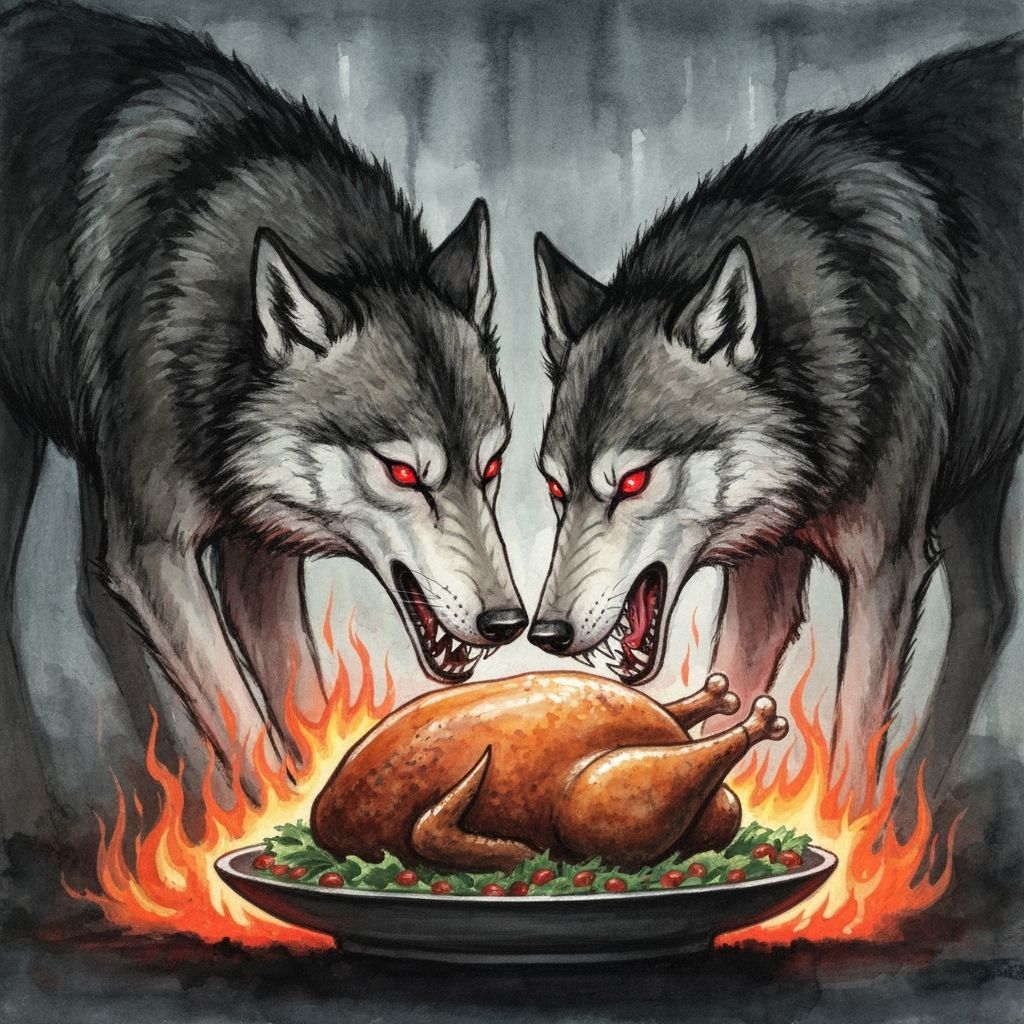 Wolves With Glowing Red Eyes Devour Turkey in Hellish Flames