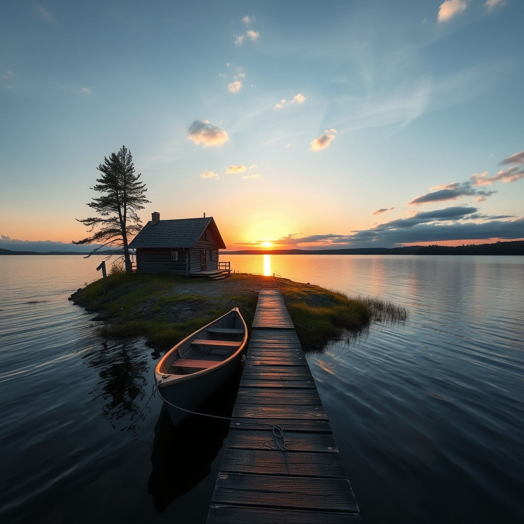 Secluded Island Cabin at Sunset