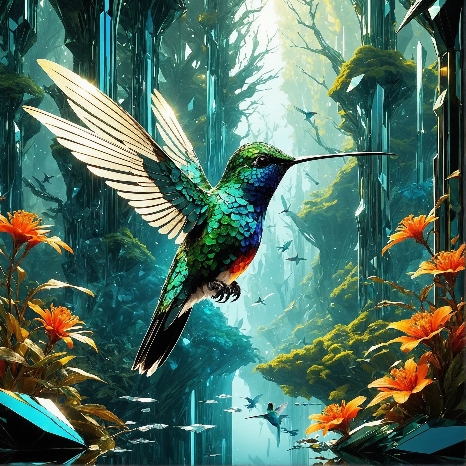 Crystalline Hummingbird in Metal Forest, Digital Art