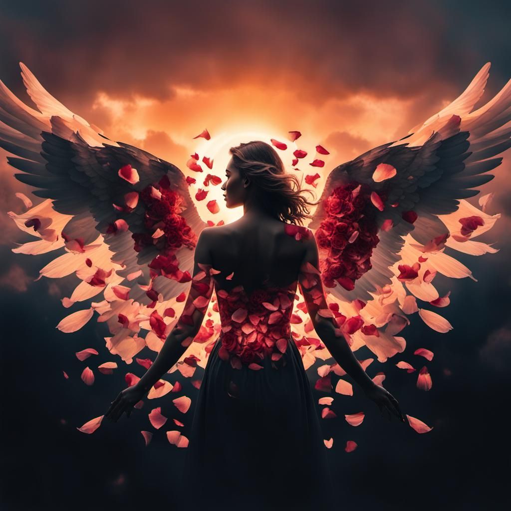 Double Exposure: Girl with Roses, Wings, and Sunrise