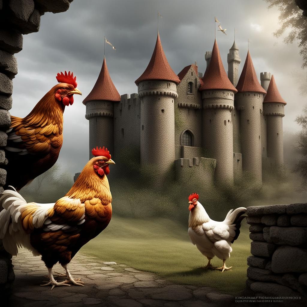 By the Castle Cock Hens and Chicken