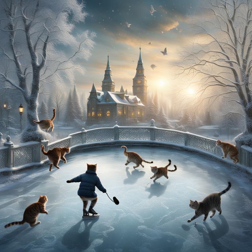 Cats Ice Skating: A Dramatic Digital Painting