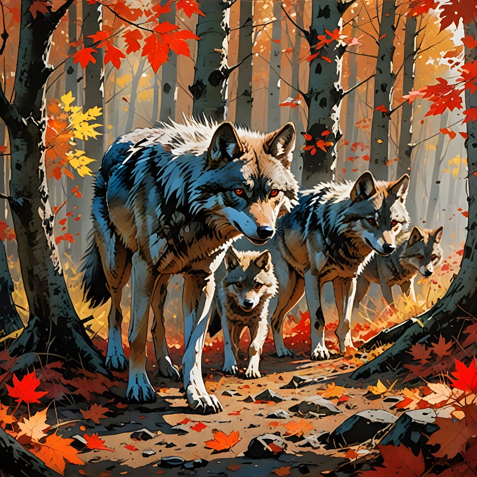 Wolf Pack in Autumn Forest in Storybook Style