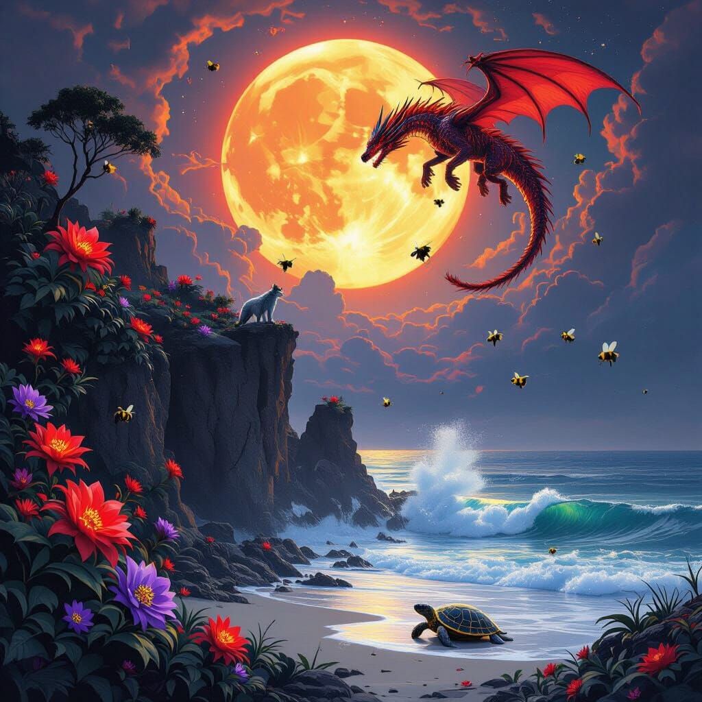 Cosmic Fantasy Dragon, Wolf, and Bioluminescent Flora on Ali...