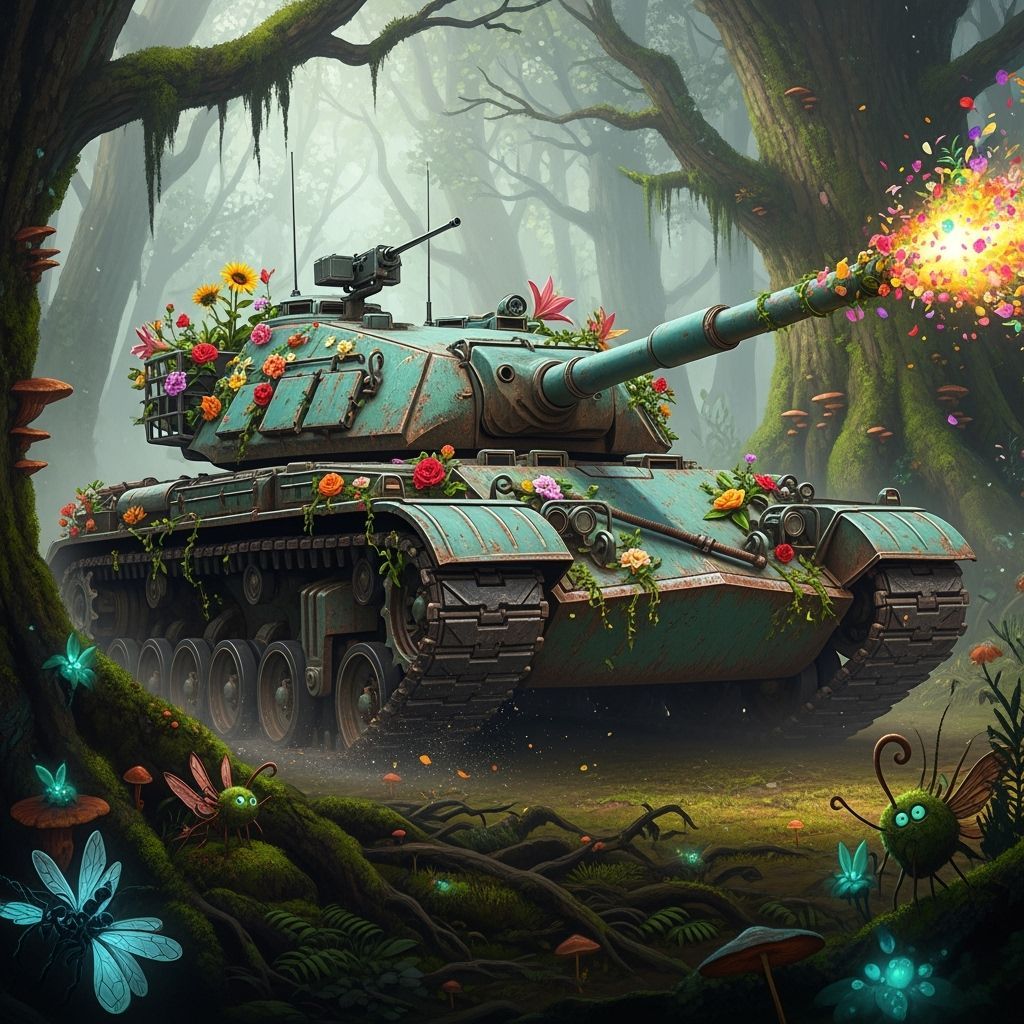 Realistic Tank Shooting Flowers in Forest