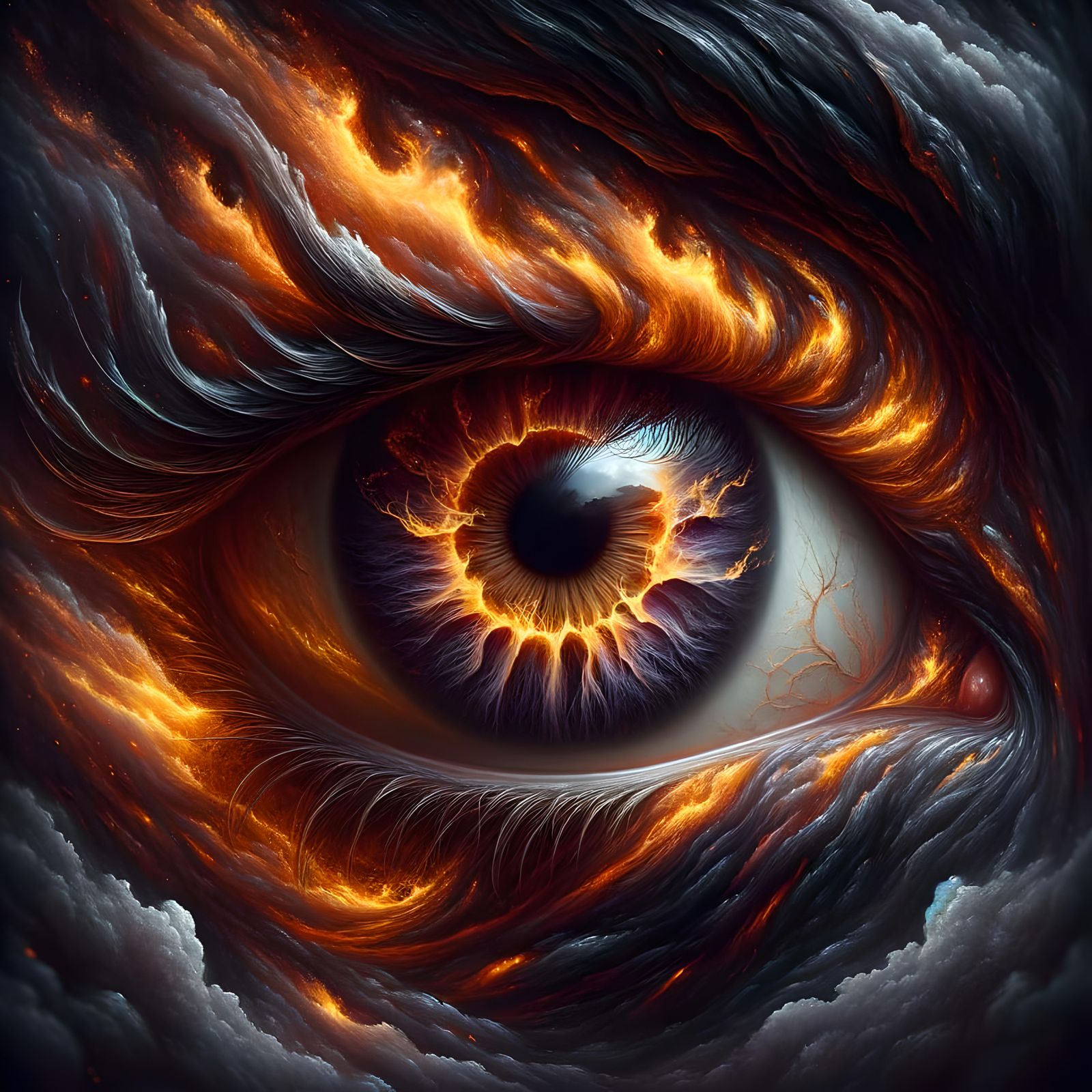 Ominous Eye Portrait with Flames in Renaissance Style