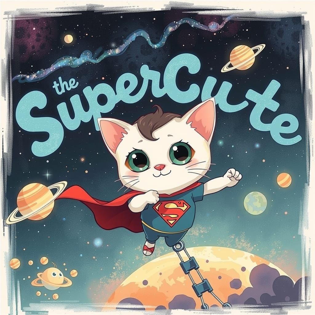 A cute white kitten, dressed in a Superman outfit, short bla...