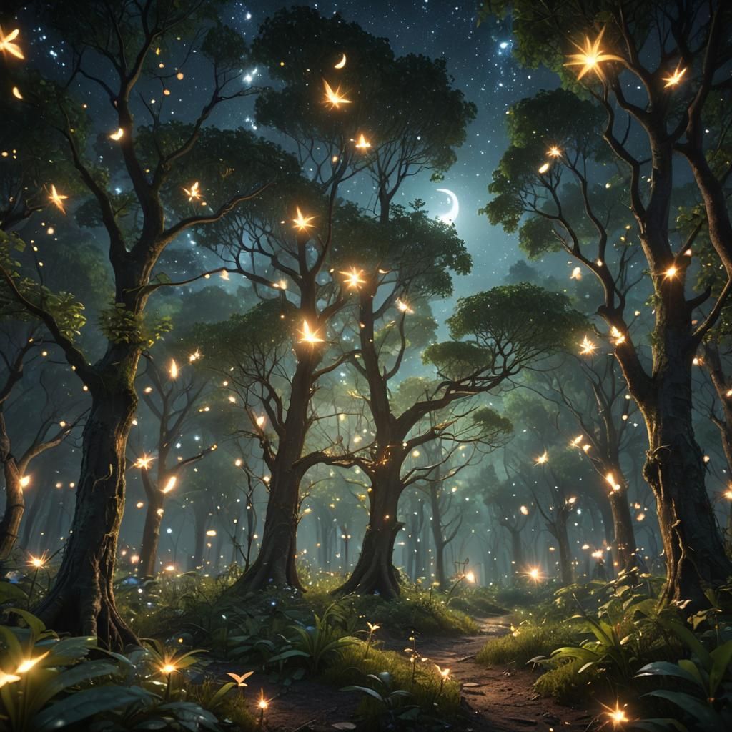 Lush Magic Forest with Fairies and Dazzling Stars