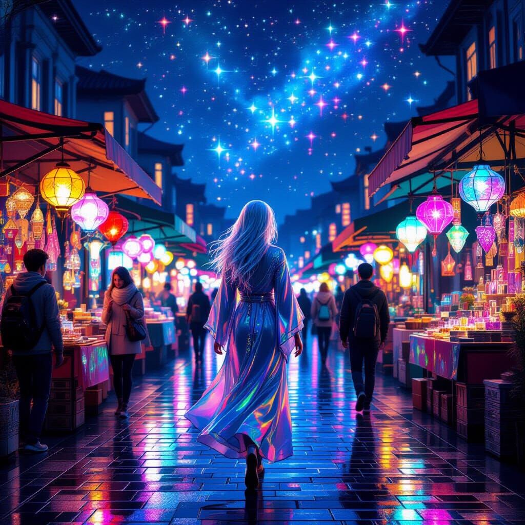 Prismatic Aura Night Market in Magical Realism Style