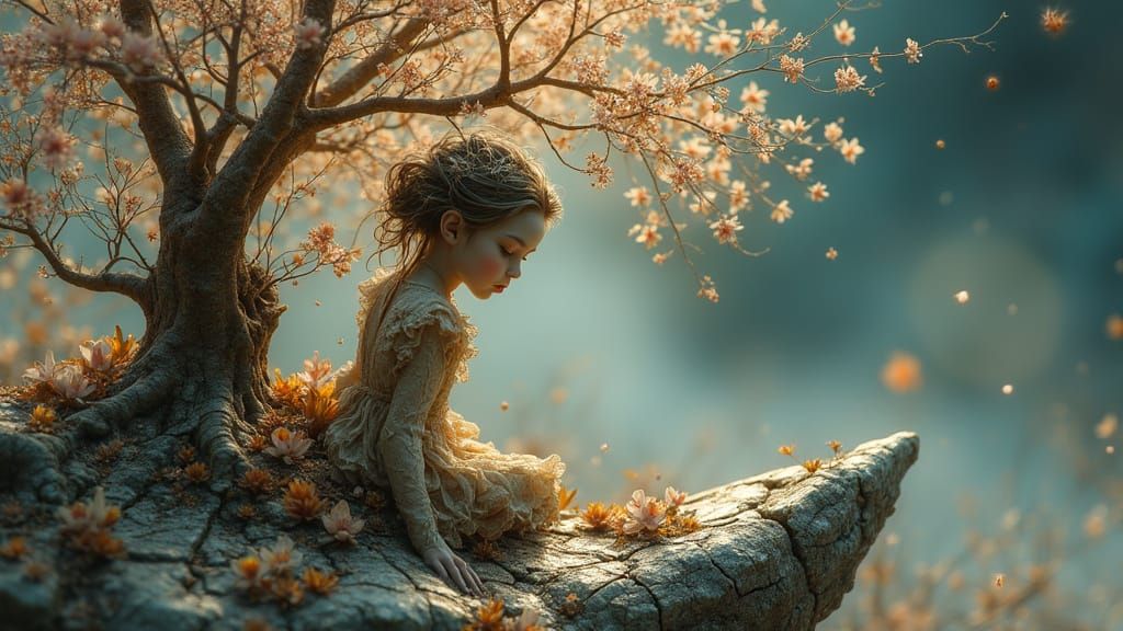 Surreal Kintsugi Dryad in Arthur Rackham Style