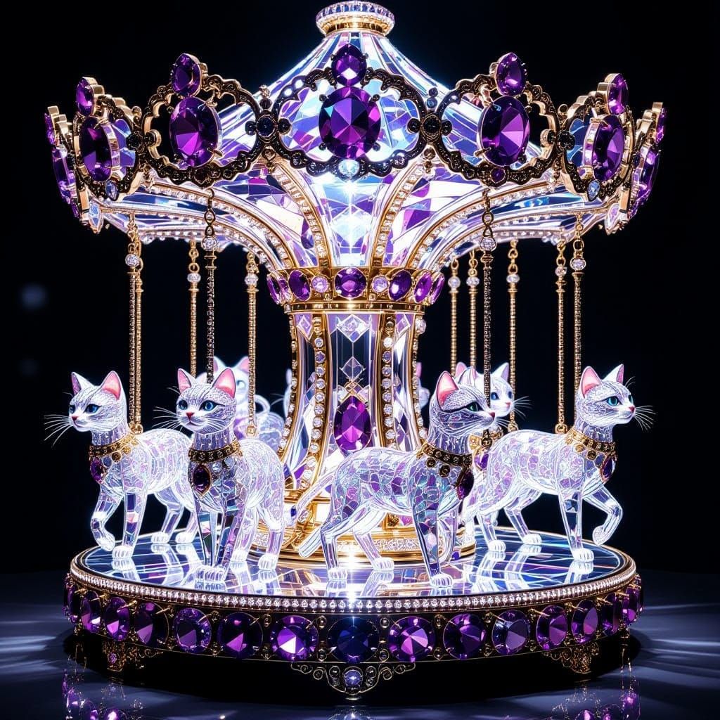 Crystal Carousel With Walking Cats Made Of Swarovski And Ame...