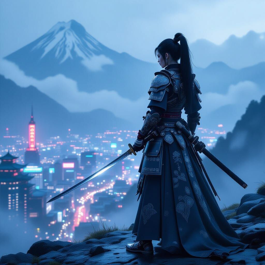 Futuristic Samurai Warrior Overlooking Cyberpunk City