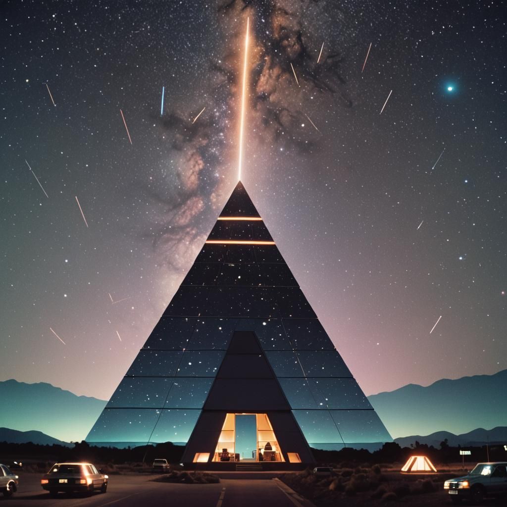 Chrome Cyberpunk Pyramid Flies in Starry Sky