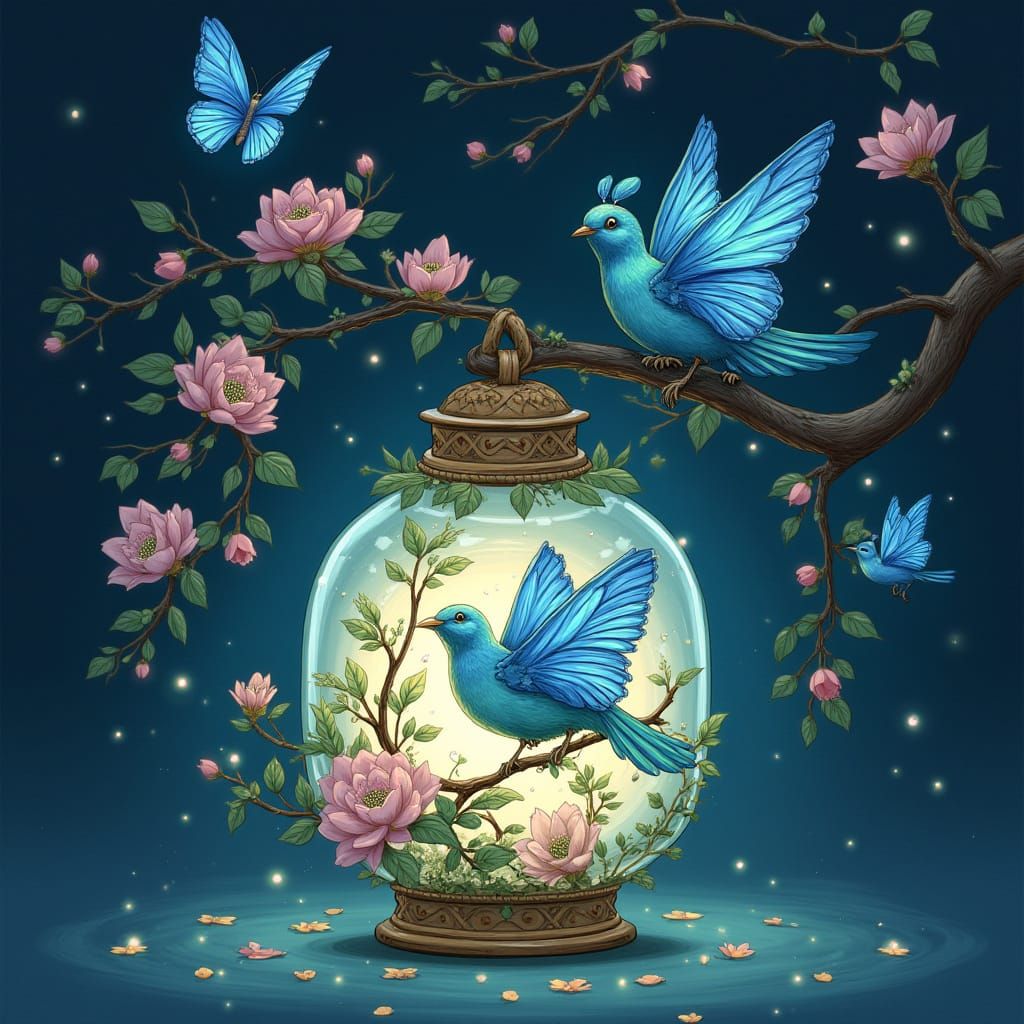 Enchantress with Bird in Lantern, Digital Illustration