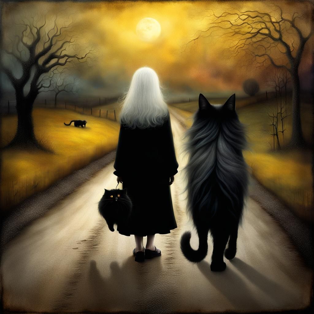 Sad Woman and Giant Cat Walk at Sunset
