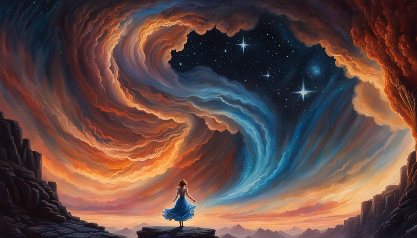 Dancing Cloud Girl in Moonlit Canyon Painting