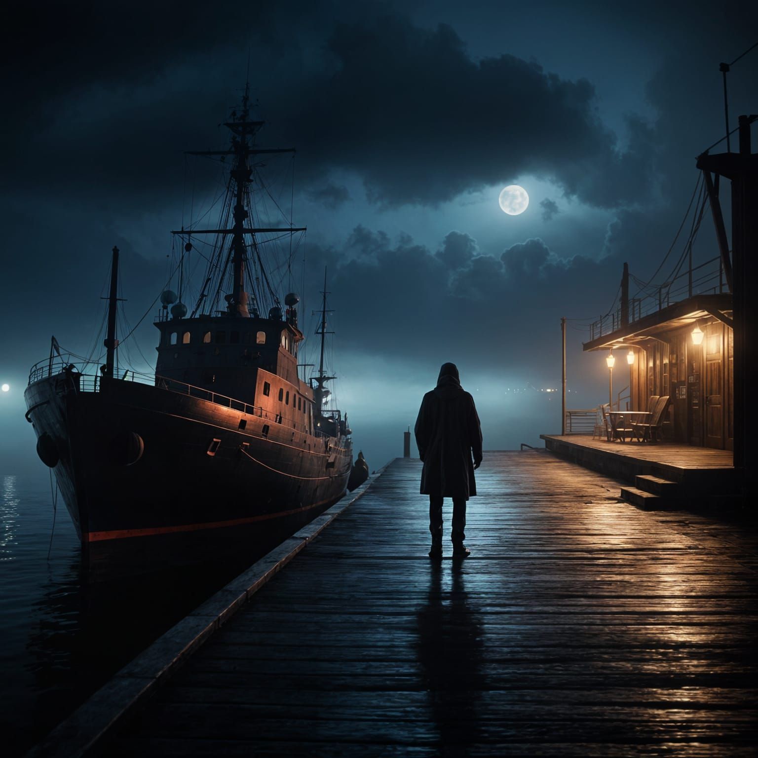 Realistic Midnight Dock Scene with a Ghostly Figure