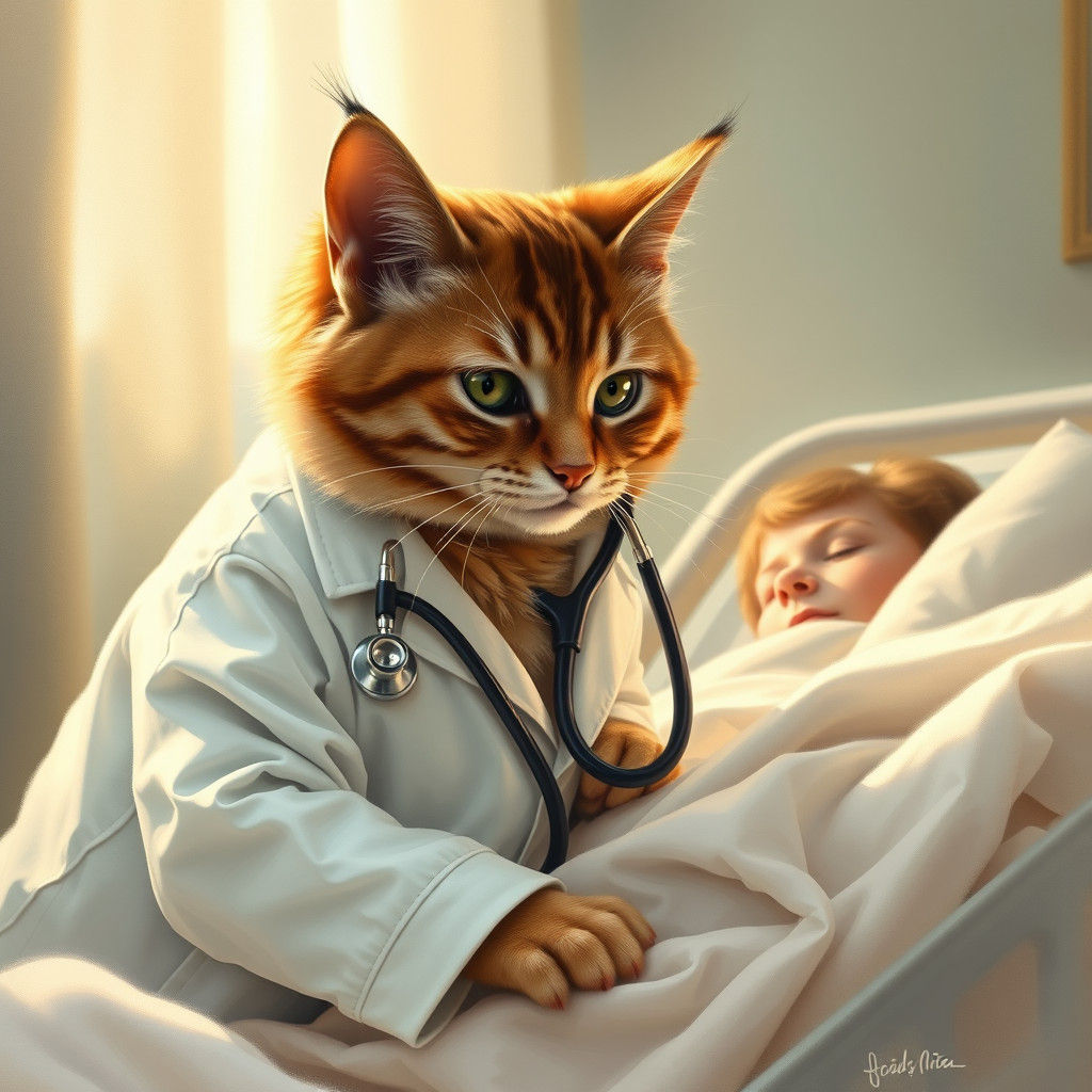 Feline Scientist Examines Patient, Golden Light