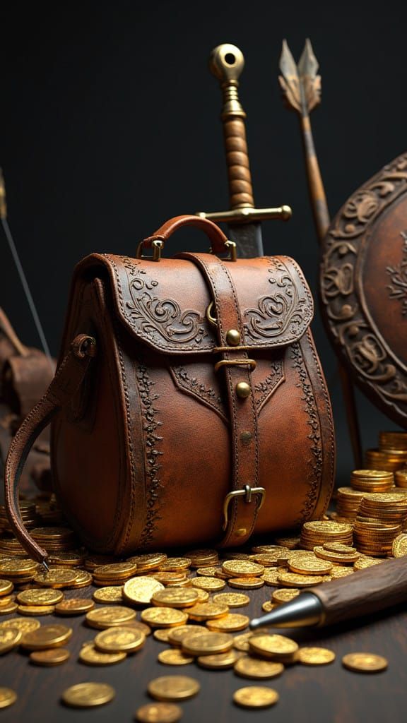 Brown Leather Satchel Sits on a Treasure Hoard, Richly Detai...