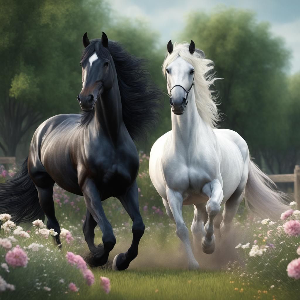 White and Black Horses Running in a Flower Meadow