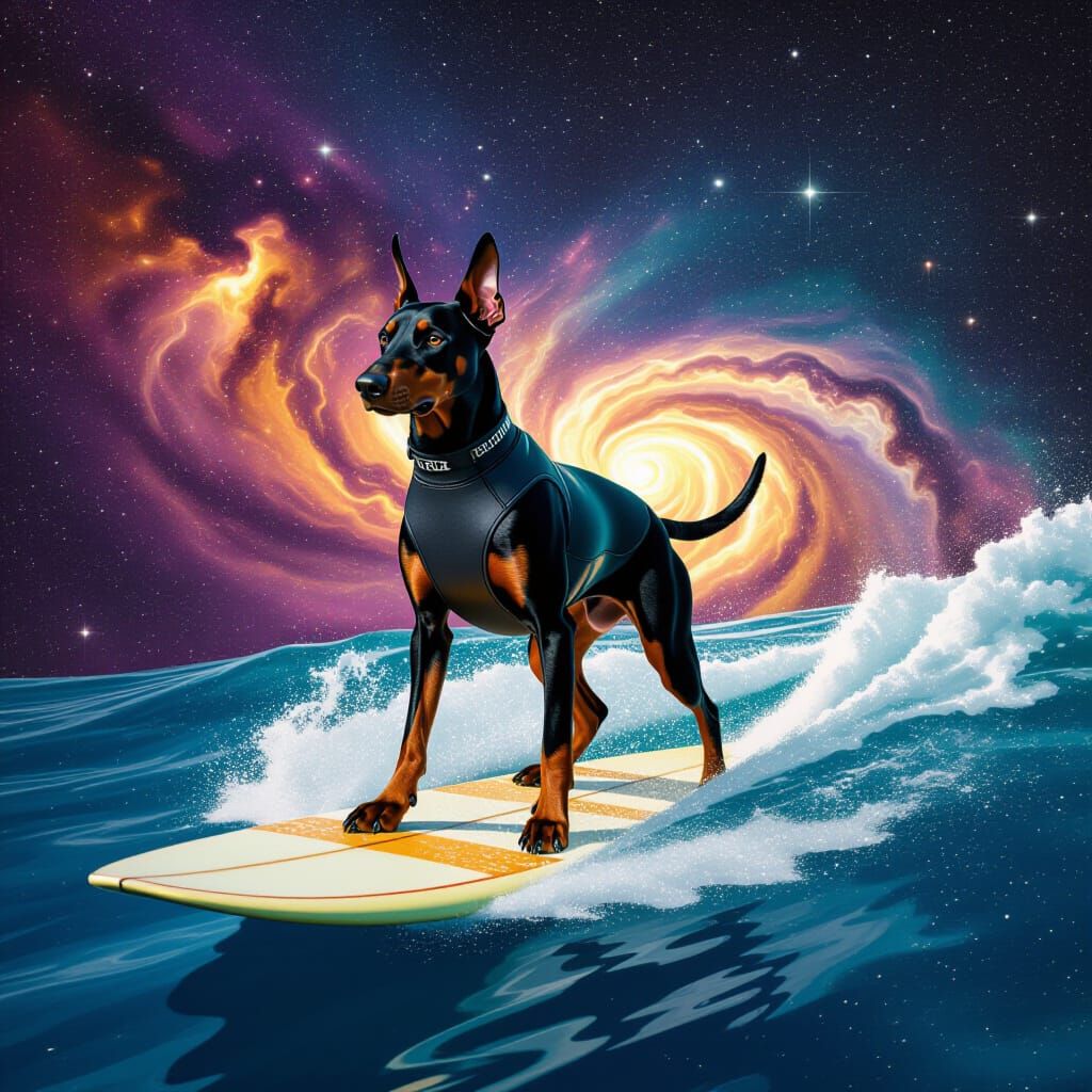 Doberman Surfs Milky Way in Surreal Cosmic Art