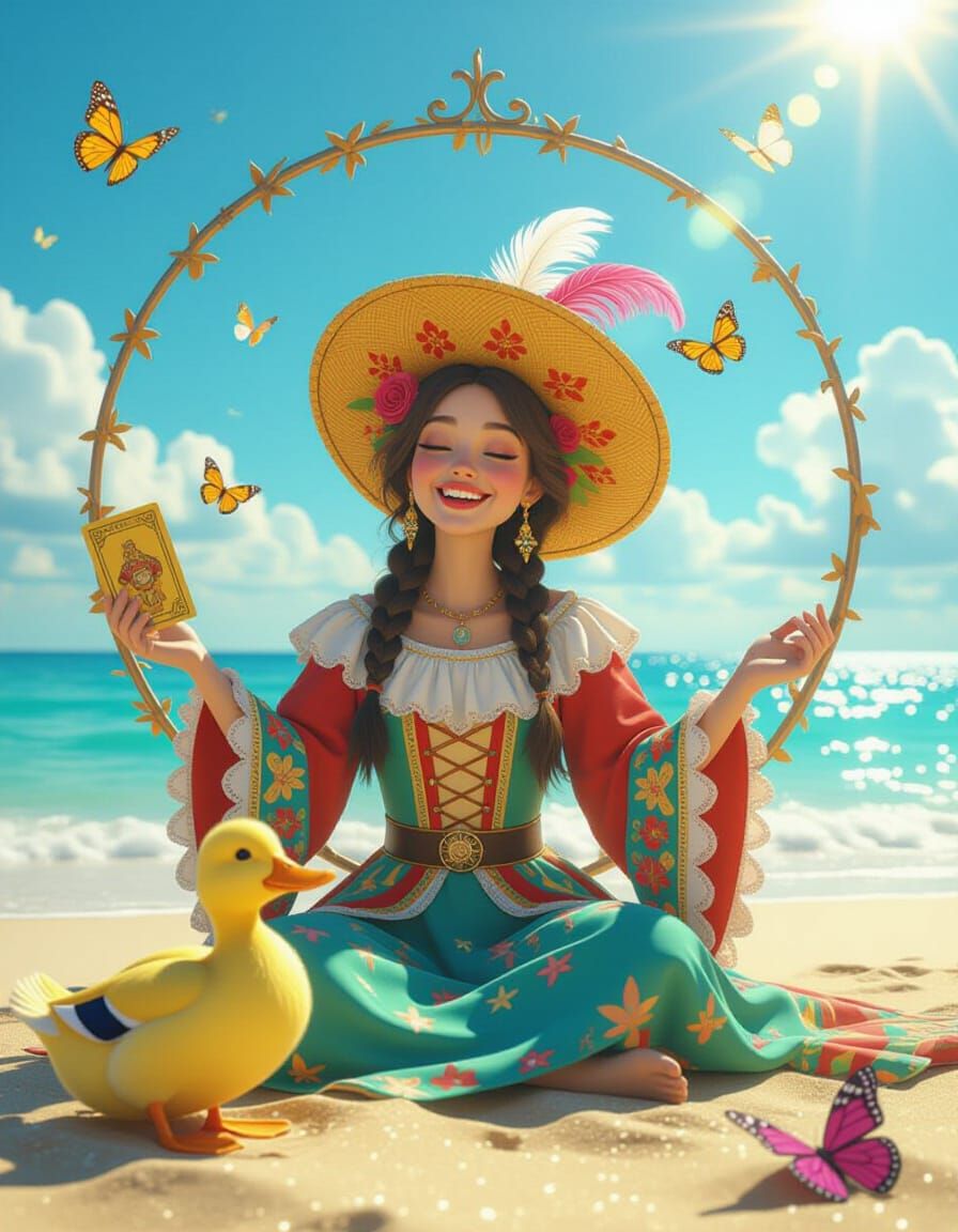 Tarot Reader with Duck on Sunny Beach, Pixar Style
