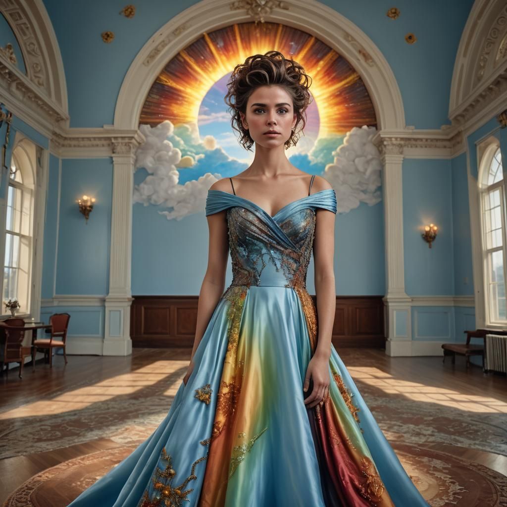Woman in Rainbow Dress in Grand Ballroom
