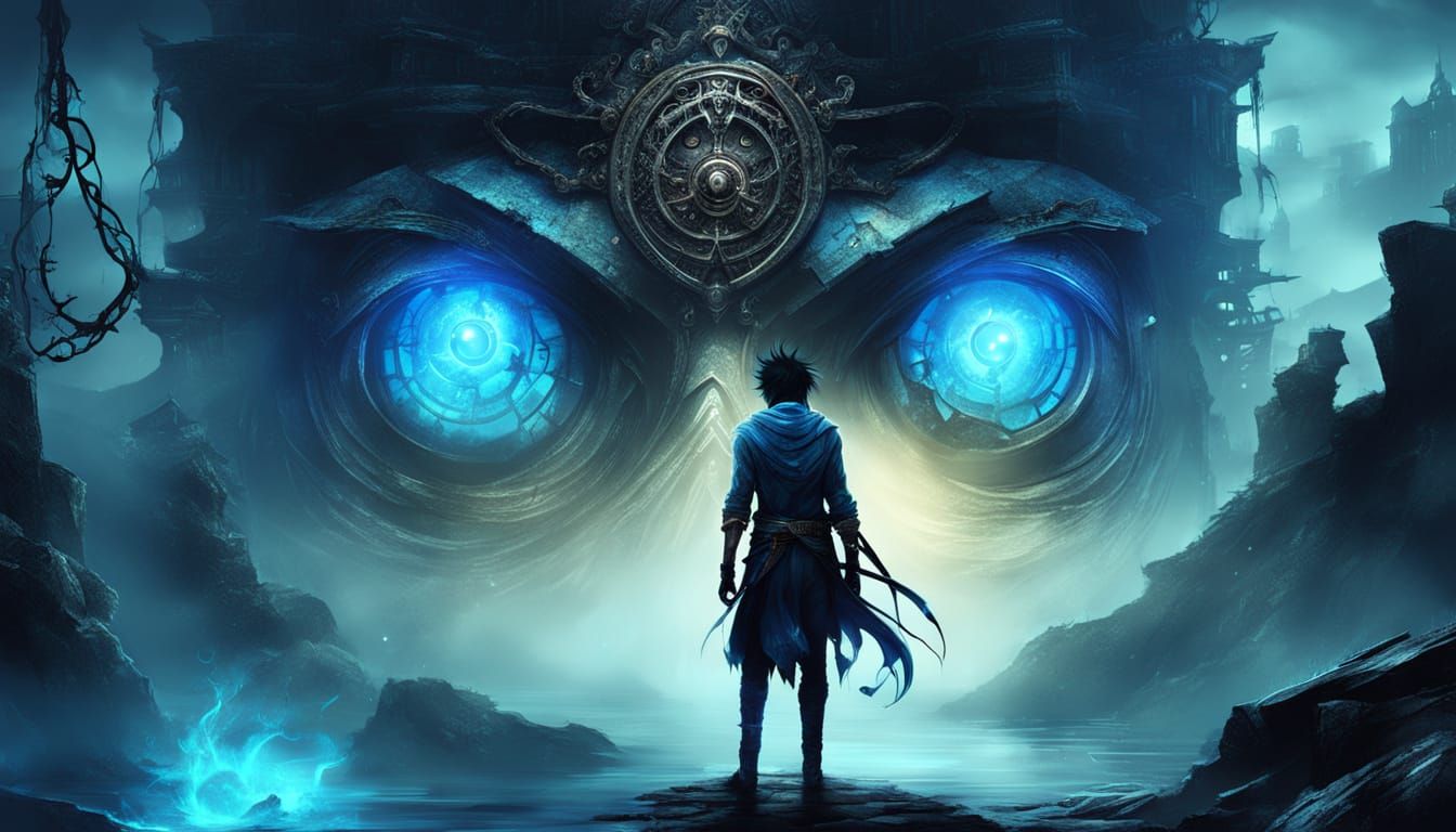 Giant Blue Eyes Emerging from Steam Ruins