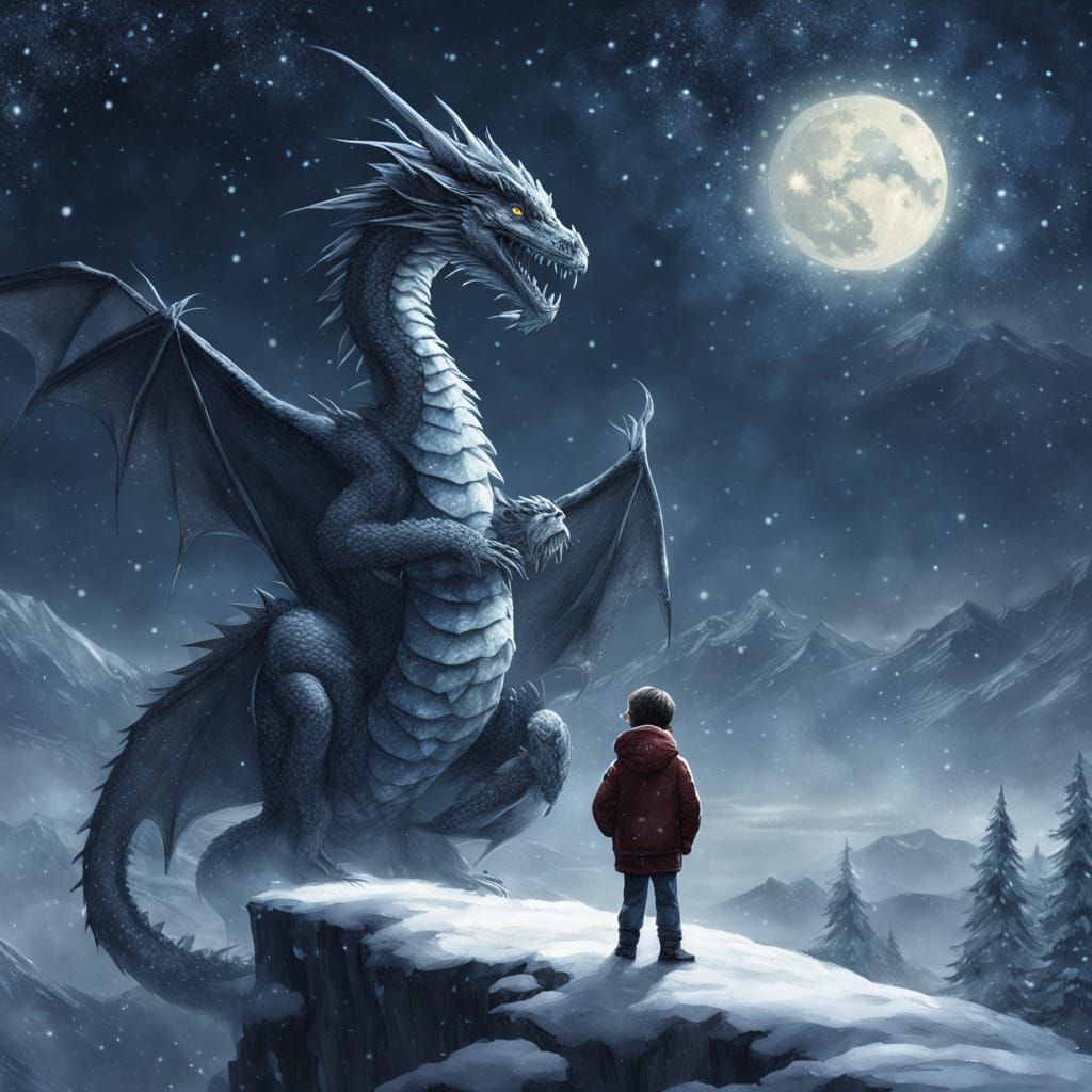 Friendship between the dragon and boy, dragon grown up versi...
